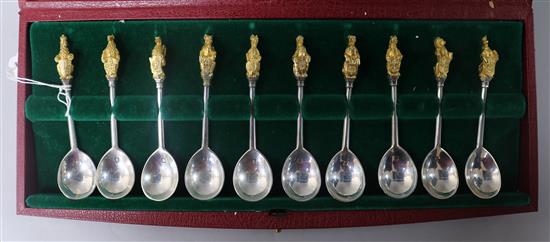 A cased set of ten commemorative parcel gilt silver Queens Beasts Spoons.